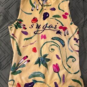 Sugoi Yellow Sleeveless Cycling Jersey with Multicolor Design
